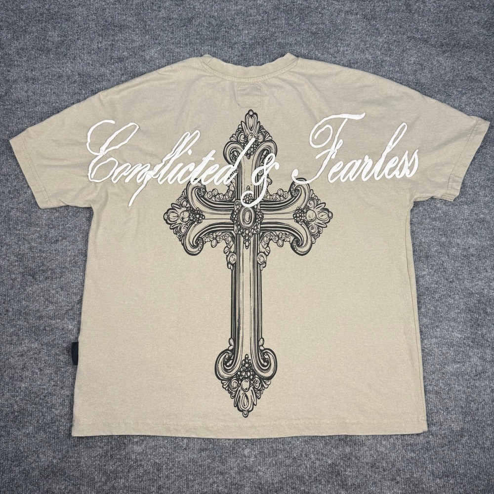 Fly By Night Mens Tan Conflicted Fearless Gothic Y2K Streetwear Graphic T-Shirt